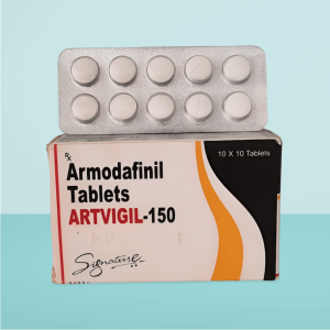 Artvigil 150mg (Armodafinil Tablets) packaging with blister pack, used for wakefulness, focus, and cognitive enhancement.