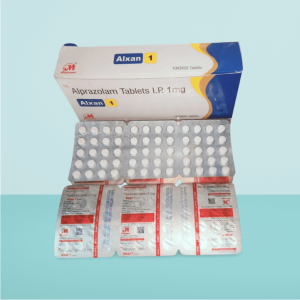 Alxan 1mg (Alprazolam Tablets I.P. 1 mg) packaging with blister pack, used for anxiety, panic disorder, and insomnia treatment.