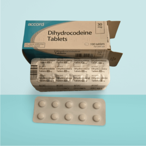 Dihydrocodeine 30mg tablets packaging with blister pack, used for moderate to severe pain relief and post-operative recovery.