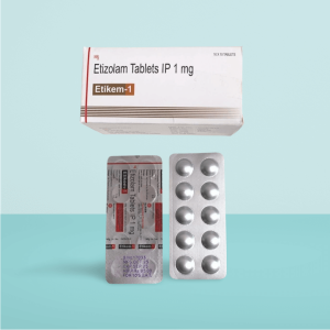 Etikem-1 (Etizolam Tablets IP 1 mg) packaging with blister pack, used for anxiety, panic disorder, and sleep disorders.