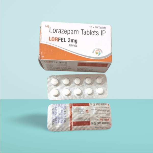 LORFEL 3mg (Lorazepam Tablets IP 3mg) packaging with blister pack, used for anxiety, stress, and sleep disorders.