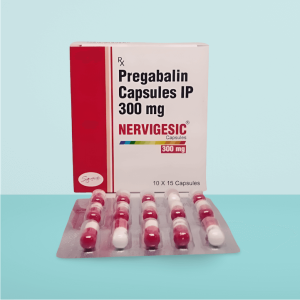 Nervigesic 300mg (Pregabalin Capsules IP 300 mg) packaging with blister pack, used for nerve pain, epilepsy, and anxiety treatment.