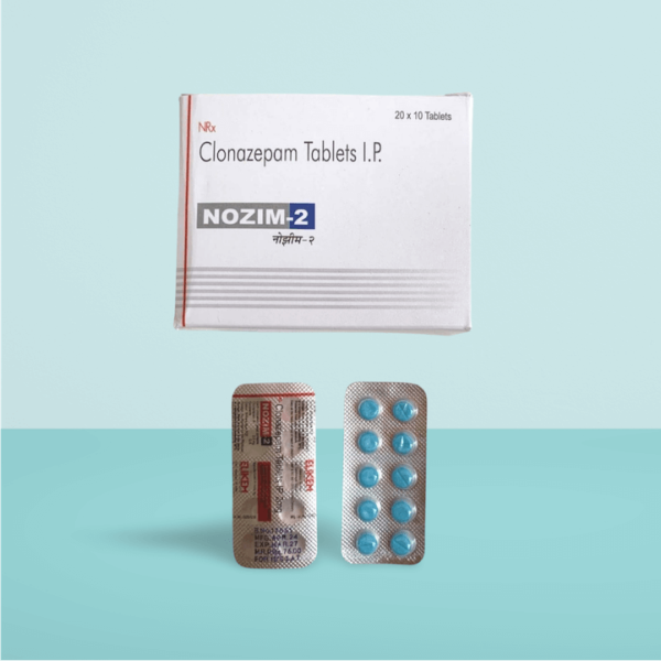 Nozim-2 (Clonazepam Tablets I.P. 2 mg) packaging with blister pack, used for treating anxiety, panic disorders, and seizures.