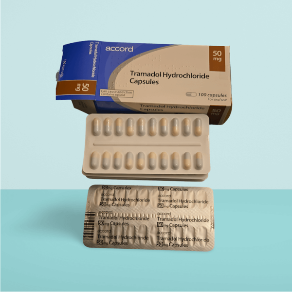 Tramadol Hydrochloride 50mg capsules packaging with blister pack, used for moderate to severe pain management.