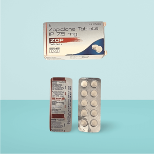 ZOP 7.5mg (Zopiclone Tablets IP 7.5 mg) packaging with blister pack, used for treating short-term insomnia and sleep disturbances.