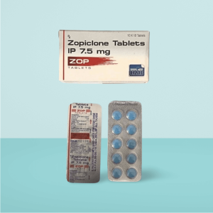 Zopiclone BLUE 7.5mg (ZOP Tablets) packaging with blister pack, used for short-term insomnia treatment and sleep enhancement.