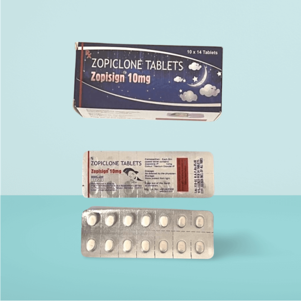 Zopisign 10mg (Zopiclone Tablets IP 10 mg) packaging with blister pack, used for short-term insomnia treatment and improved sleep quality.