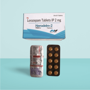 Nerodelm-2 (Lorazepam 2mg) tablets packaging with blister pack, used for anxiety, insomnia, and seizure management.