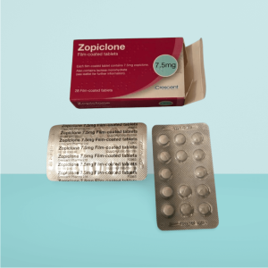 A box of Zopiclone 7.5mg tablets with blister packs, used for short-term insomnia relief and sleep improvement.